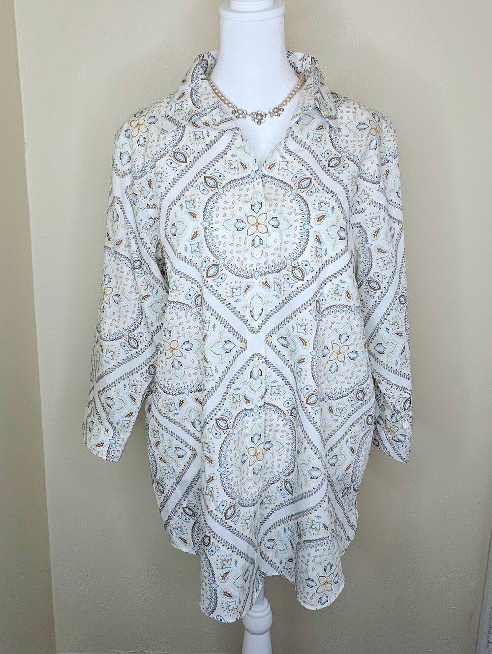 Lands’ End No Iron Supima Cotton Bandana Paisley Medallion Shirt 14P Petite
